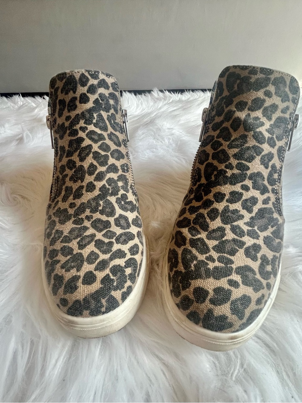 Cushionaire Leopard Canvas Wedge Sneakers with Zippers